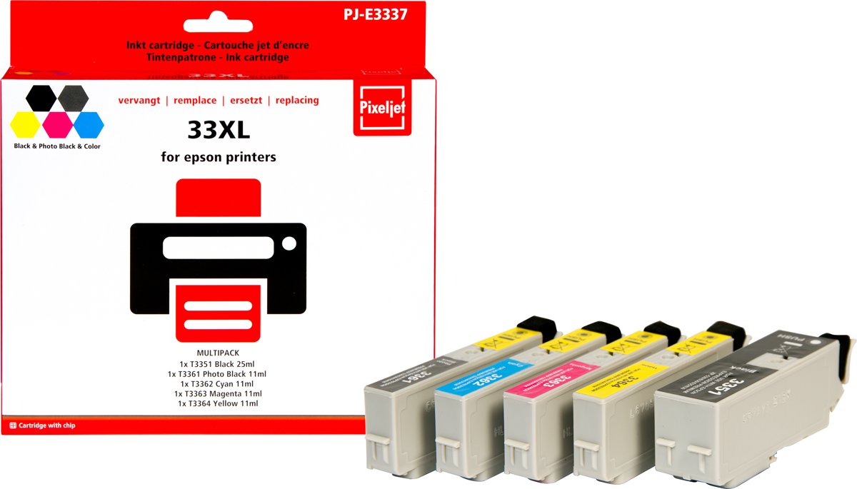 Epson 33 XL (T3337) inktcartridge kleur |2X Zwart|Cyaan|Magenta|Geel| - Pixeljet